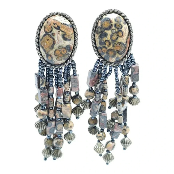 Brown Leopard Jasper Dangle Drop Boho Earrings Silver Tone Vintage - Picture 1 of 7